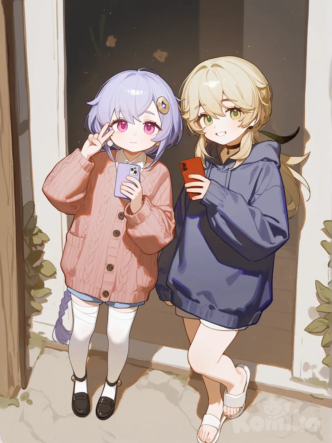 2girls, [lacquered-illustration-style], selfie, knitted cardigan, hoodie, full body, Qiqi (Genshin Impact)