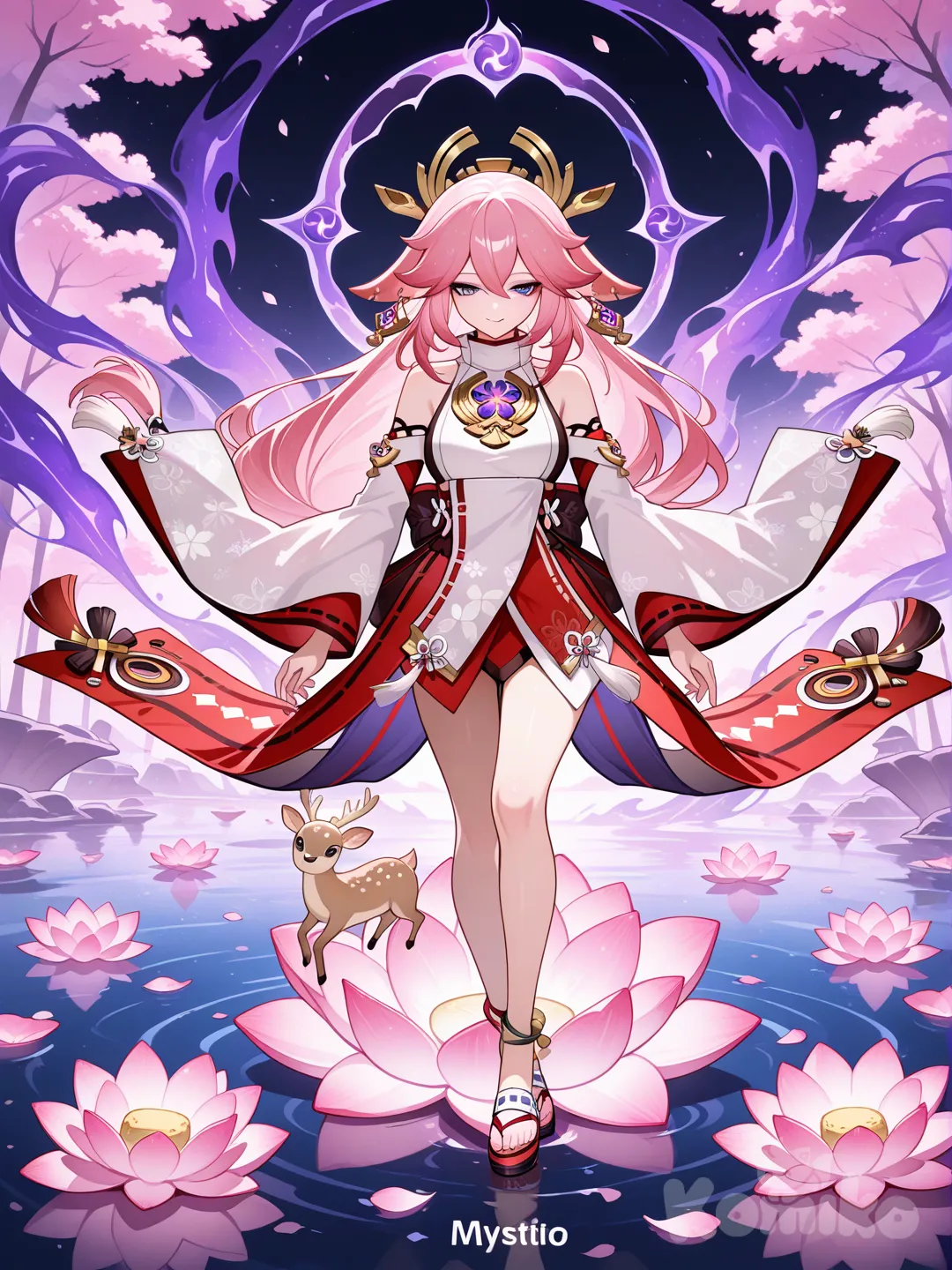 @Yae_Miko goddess filled with light pink lotus and light pink sleeves that touch the ground long light pink long and mystic pink baby deer