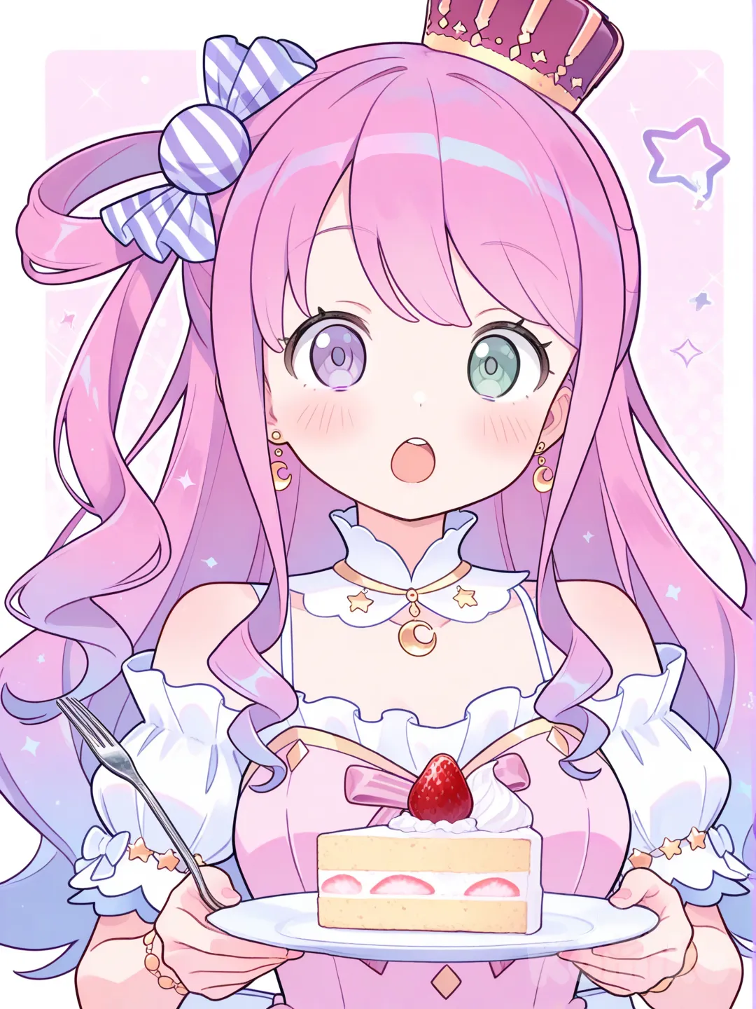 @Himemori_Luna_(1St_Costume) carrying a big fork with a piece of strawberry shortcake on it