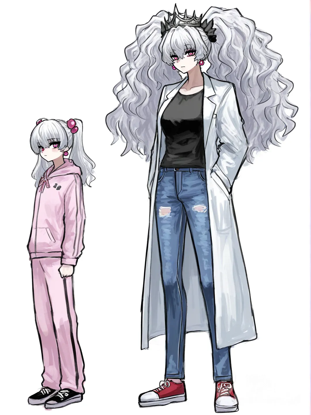 [sketchy-painterly-style] 1girl, teenager, slim, tall, athletic, silver_hair, wavy_hair, pigtails, purple_eyes, red_eyes, fair_skin, hoodie, lab_coat, t-shirt, jeans, pants, casual_pants, school_uniform, evening_dress, pajamas, crown, earrings, single character, full body, looking at viewer, anime style, simple background, white background