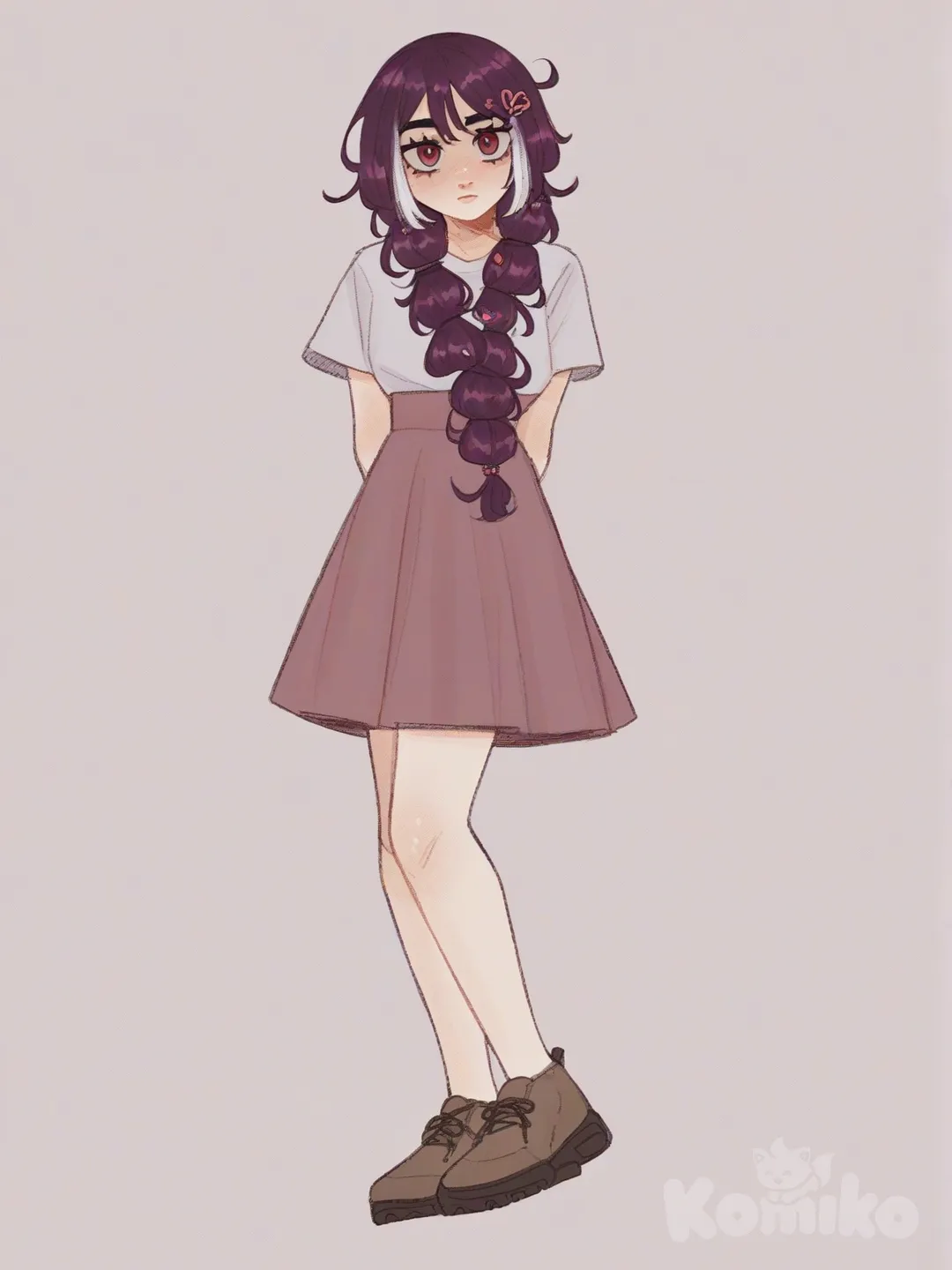 [soft-shaded-moe-style] 1girl, athletic, fair skin, teenager, white hair, purple hair, long hair, pigtails, red eyes, purple eyes, hair accessory, t-shirt, casual pants, evening dress, single character, full body, looking at viewer, anime style, simple background, white background