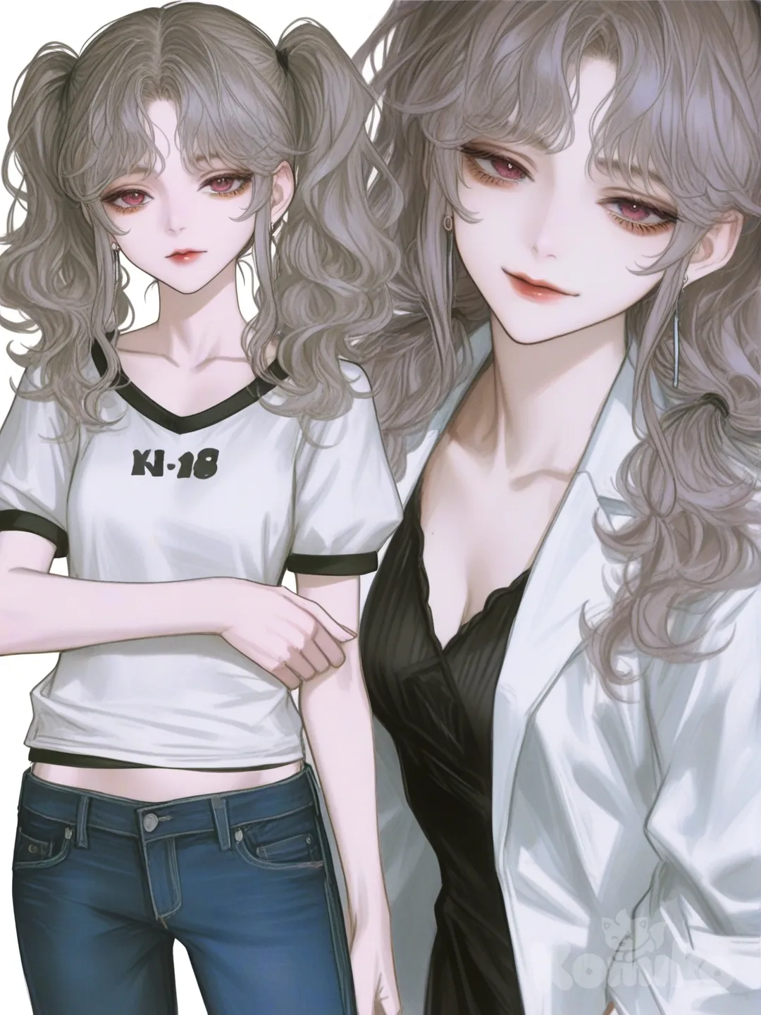 [semi-realistic-portrait-style] 1girl, teenager, slim, tall, athletic, silver_hair, wavy_hair, pigtails, purple_eyes, red_eyes, fair_skin, hoodie, lab_coat, t-shirt, jeans, pants, casual_pants, school_uniform, evening_dress, pajamas, crown, earrings, single character, full body, looking at viewer, anime style, simple background, white background