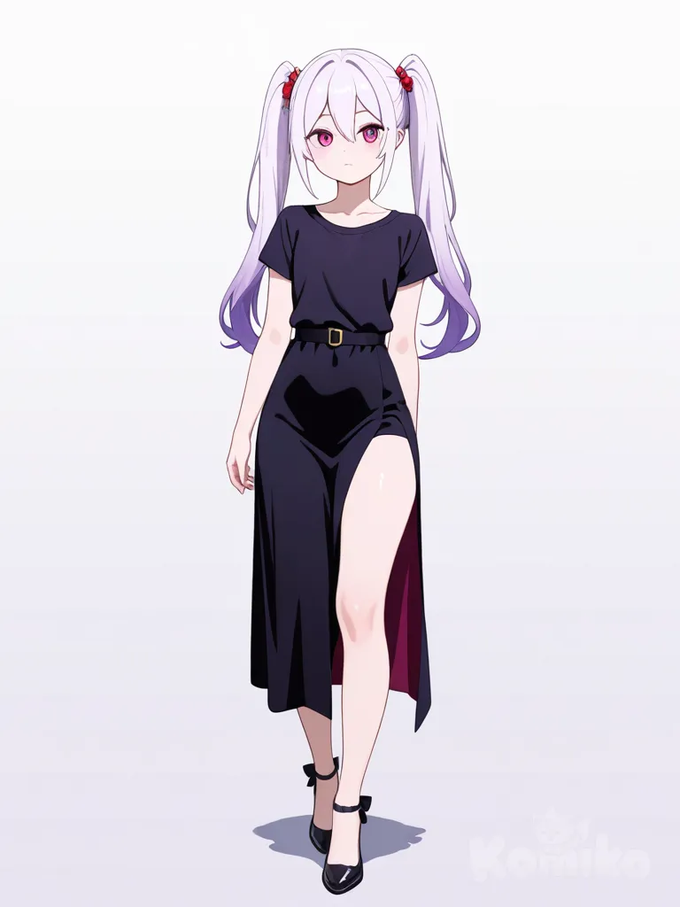 1girl, athletic, fair skin, teenager, white hair, purple hair, long hair, pigtails, red eyes, purple eyes, hair accessory, t-shirt, casual pants, evening dress, single character, full body, looking at viewer, anime style, simple background, white background