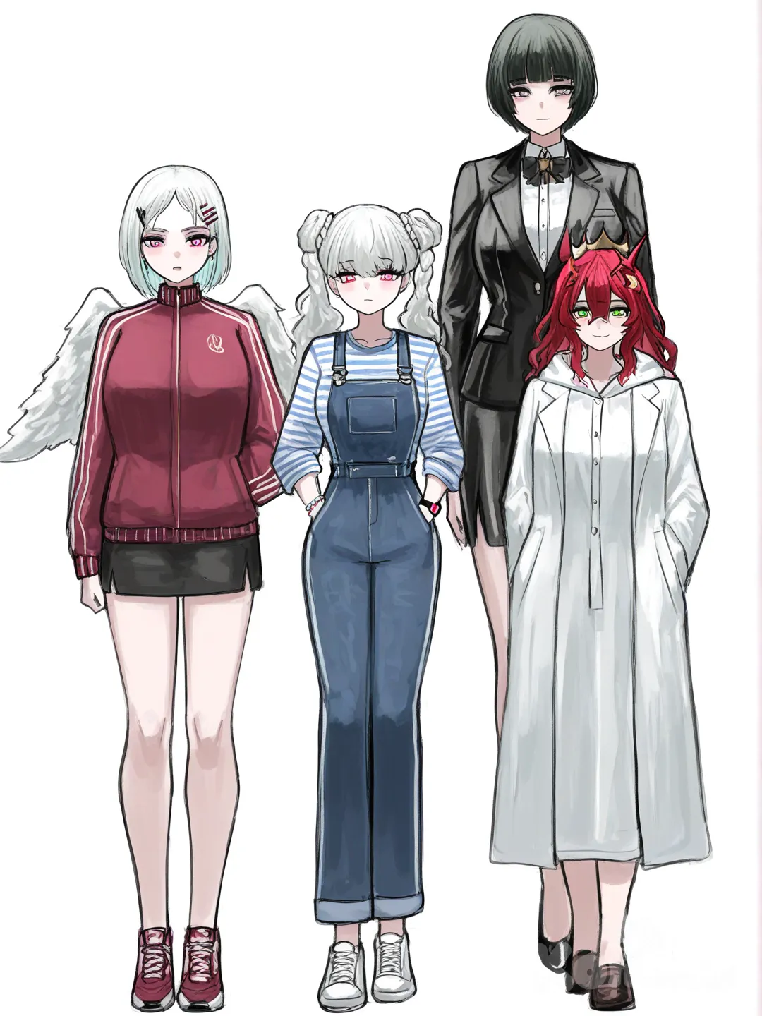 [sketchy-painterly-style] 1girl, athletic, fair_skin, teenager, white_hair, purple_hair, red_hair, black_hair, gray_hair, green_hair, off-white_hair, long_hair, short_hair, pigtails, twintails, bun, straight_hair, ponytail, braids, side_parted_bangs, frizzy_hair, wavy_hair, red_eyes, purple_eyes, blue_eyes, green_eyes, gray_eyes, pink_eyes, hair_ornament, t_shirt, striped_shirt, vest, hoodie, leather_jacket, lab_coat, varsity_jacket, polo_shirt, school_uniform_(jacket), casual_clothes, jeans, overalls, pants, suit, shorts, denim_skirt, wide_pants, pencil_skirt, capri_pants, tracksuit, pajamas, school_uniform, dress, raincoat, tuxedo, apron, swimsuit, jacket, angel_wings, horns, child, mature_female, curvy, short_hair, tall_girl, slim, ear_studs, earrings, headband, hairclip, crown, bracelet, jewelry, watch, quartz_watch, digital_watch, mechanical_watch, single_character, full_body, looking_at_viewer, anime_style, simple_background, white_background