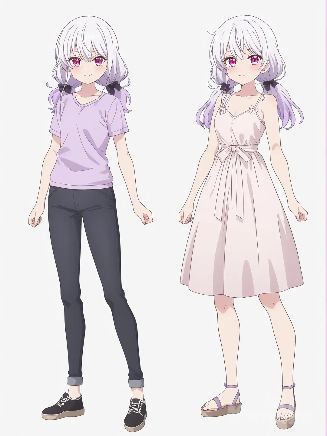 [bright-anime-style]1girl, athletic, fair skin, teenager, white hair, purple hair, long hair, pigtails, red eyes, purple eyes, hair accessory, t-shirt, casual pants, evening dress, single character, full body, looking at viewer, anime style, simple background, white background
