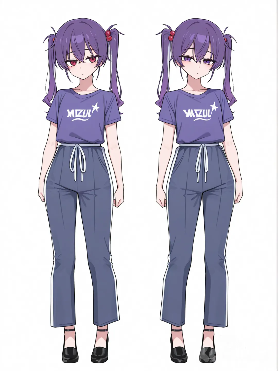 [toon-shaded-style] 1girl, athletic, fair skin, teenager, white hair, purple hair, long hair, pigtails, red eyes, purple eyes, hair accessory, t-shirt, casual pants, evening dress, single character, full body, looking at viewer, anime style, simple background, white background
