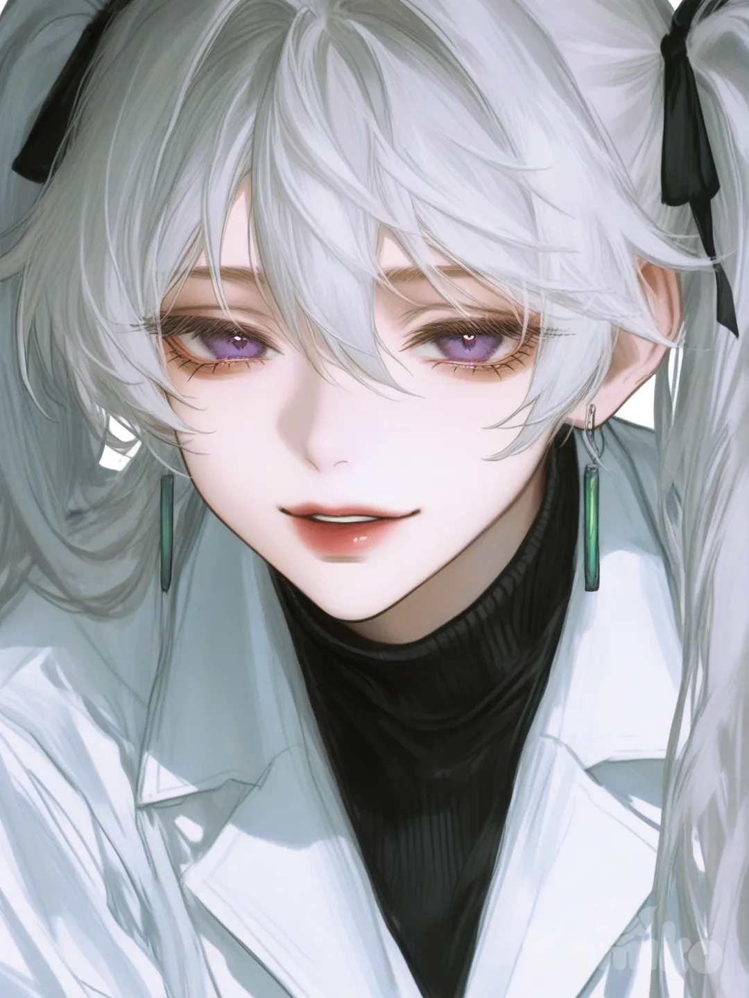 [semi-realistic-portrait-style] 1girl, long_white_hair, twintails, purple_eyes, fair_skin, labcoat, school_uniform, silver_earrings, confident_expression, single character, full body, looking at viewer, anime style, simple background, white background