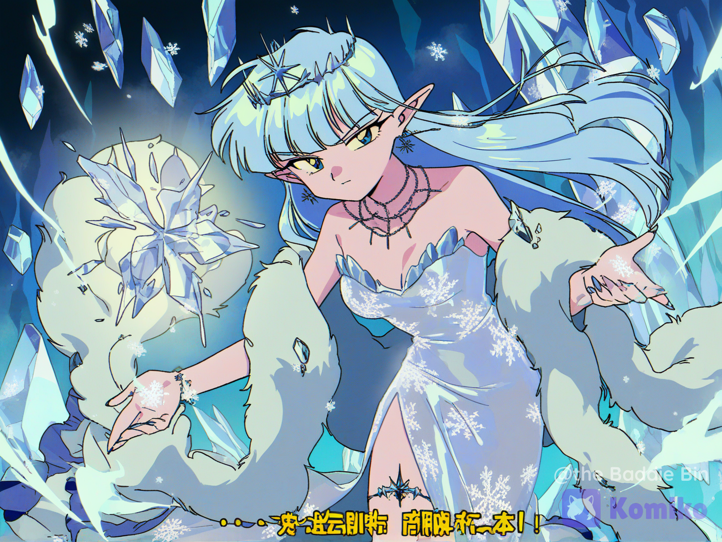 @queen-hibernia-Aqox, 1990s (style), fake screenshot, film grain, retro artstyle, glaring, looking at another, dynamic pose, long dress, long sleeves, ice, ice cave, ice magic, outstretched hand, puffy sleeves, painted nails, claws, anime illustration, lowrers, breathtaking beauty, 90s aesthetic, vibrant colors, offical art, cowboy shot, [90s-shojo-style]