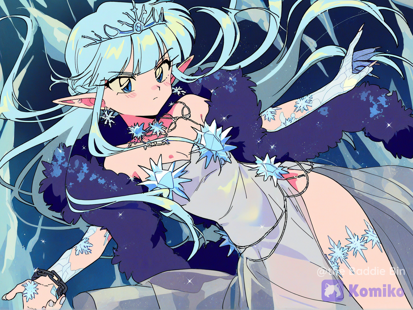 @queen-hibernia-Aqox, 1990s (style), fake screenshot, film grain, retro artstyle, glaring, looking at another, dynamic pose, long dress, long sleeves, ice, ice cave, ice magic, outstretched hand, puffy sleeves, painted nails, claws, anime illustration, lowrers, breathtaking beauty, 90s aesthetic, vibrant colors, offical art, cowboy shot, [90s-shojo-style], score_9, score_8_up, score_7_up, breathtaking beauty, immaculate lineart, razor sharp lines, dramatic cinematic lighting, strong rim lighting, volumetric god rays, sparkling particles, depth of field, intense atmosphere, stunning composition