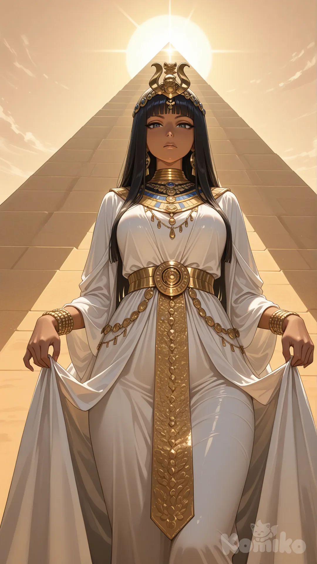 Faithfully maintain all the essential characteristics of the character. Do not alter her serene expression, imposing posture, regal authority, majestic attire, or historical identity.

An ancient adult Egyptian queen stands with pride and dignity, displaying a serene expression, a firm gaze, and an imposing posture—central elements of her identity. Her presence conveys authority, wisdom, and ancestral nobility, without any sexualization.

She wears luxurious gold accessories, including elaborate necklaces, ornate bracelets, and a royal diadem, all with intricate details, refined engravings, and realistic metallic finishes, reflecting light elegantly and in a physically coherent manner. The gold exhibits visible texture, subtle variations in shine, and small natural imperfections that reinforce the realism.

Her majestic attire is composed of rich, draped fabrics with a natural drape and visible weight, reinforcing her regal presence and historical authority. The garments are elegant and respectful, avoiding modern or sensualized cuts, preserving aesthetic and narrative fidelity.

In the background, a gigantic golden pyramid rises, an essential symbolic element, illuminated by dramatic sunset light. The lighting creates sharp shadows, realistic depth, and rays of light filtering through the sky, enveloping the scene in an atmosphere of grandeur, mystery, and historical solemnity.

Cinematic composition in medium shot, with a slightly low perspective to emphasize majesty and power. Subtle depth of field, clear focus on the character, with the monumental background complementing her presence without visually competing.

Applying near-photorealism to textures, materials, and lighting, maintaining a realistic style with a touch of historical fantasy, ultra-aesthetics, dramatic contrasts of light and shadow, rich and vibrant colors, epic and grandiose atmosphere, with absolute focus on the majesty, elegance, and authority of the queen.