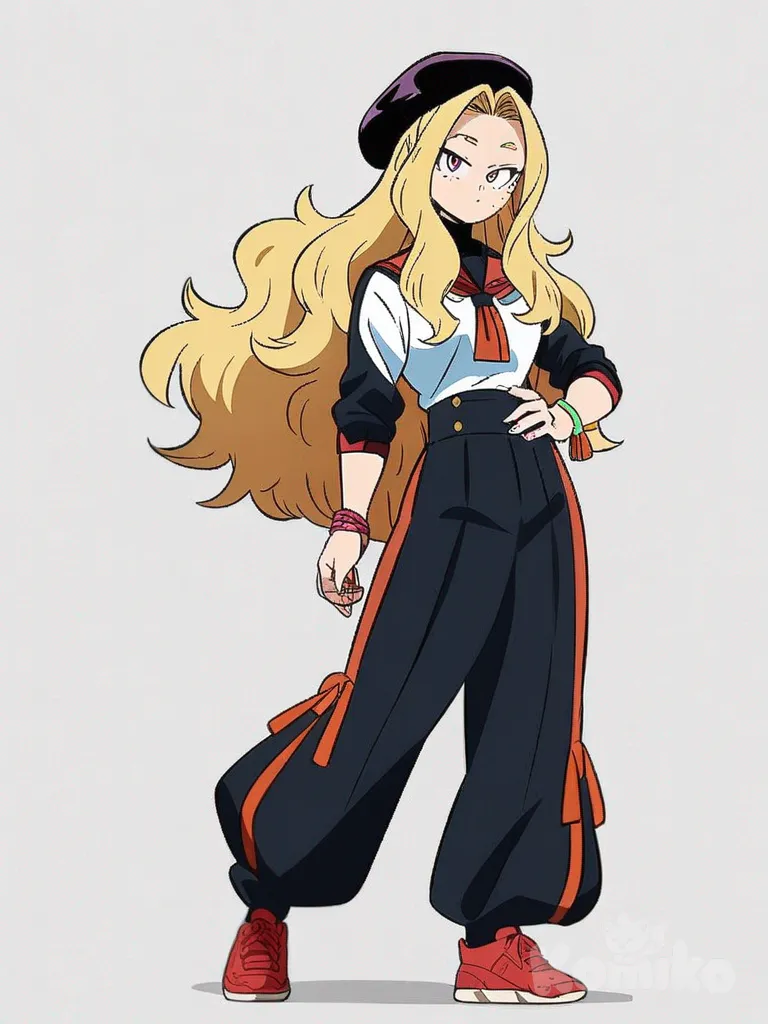 1girl, My Hero Academia style, original character, anime coloring, teenager, athletic, tall, curvy, blonde hair, long hair, wavy hair, purple eyes, freckles, fair skin, Shitetsu school uniform, tassels, beret, bow, bracelet, single character, full body, looking at viewer, anime style, simple background, white background