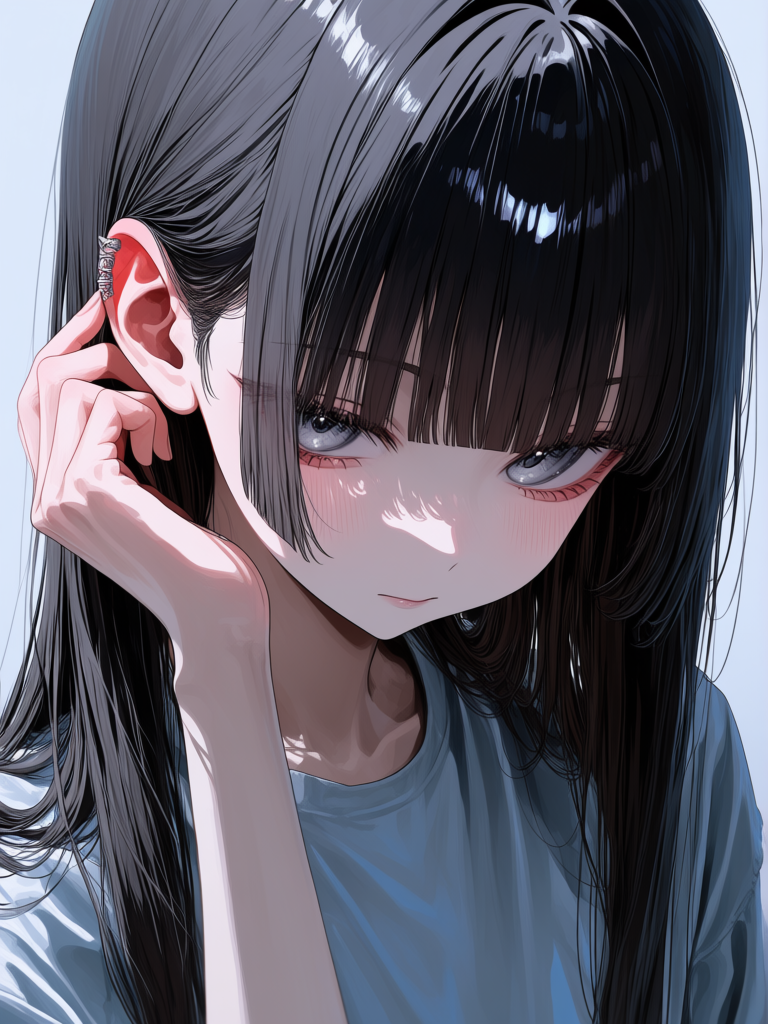 1 girl, long straight black hair, jet black hair, smooth hair, hime cut, silver eyes, tucking her hair behind her ear, portrait, [vivid-close-up-style]