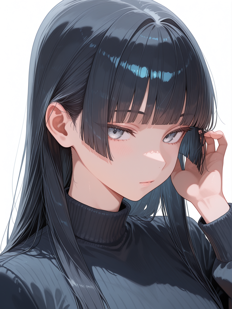 1 girl, long straight black hair, jet black hair, smooth hair, hime cut, silver eyes, tucking her hair behind her ear, portrait, [soft-luminous-anime-style]