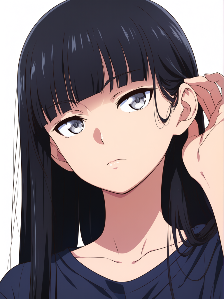 1 girl, long straight black hair, jet black hair, smooth hair, hime cut, silver eyes, tucking her hair behind her ear, portrait, [pop-anime-style]