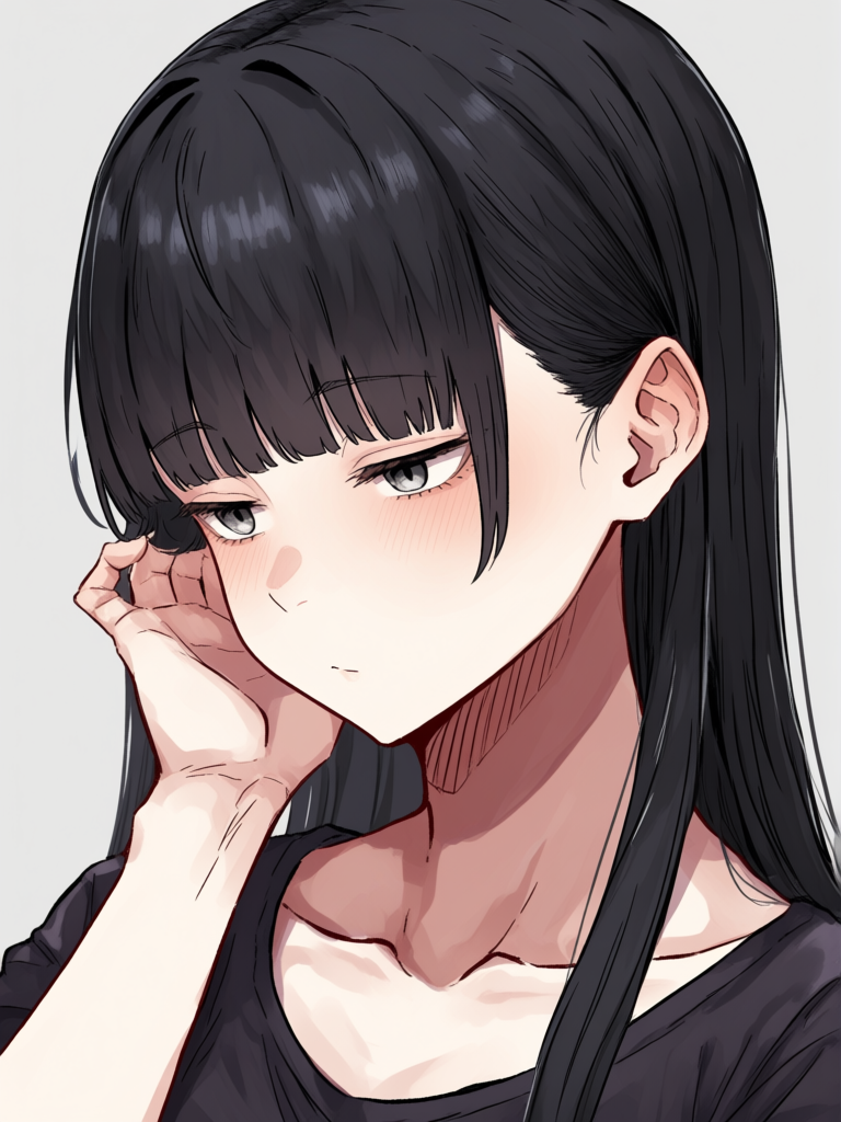 1 girl, long straight black hair, jet black hair, smooth hair, hime cut, silver eyes, tucking her hair behind her ear, portrait, [hentai-style]