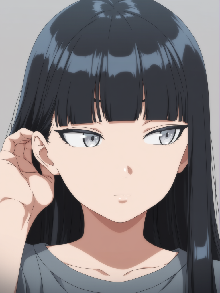 1 girl, long straight black hair, jet black hair, smooth hair, hime cut, silver eyes, tucking her hair behind her ear, portrait, [smooth-satin-illustration-style]