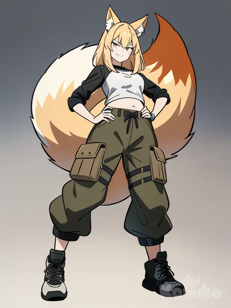 1girl, fox girl, hot, smirk, belly shirt, cargo pants, single character, full body, looking at viewer, anime style, simple background, white background