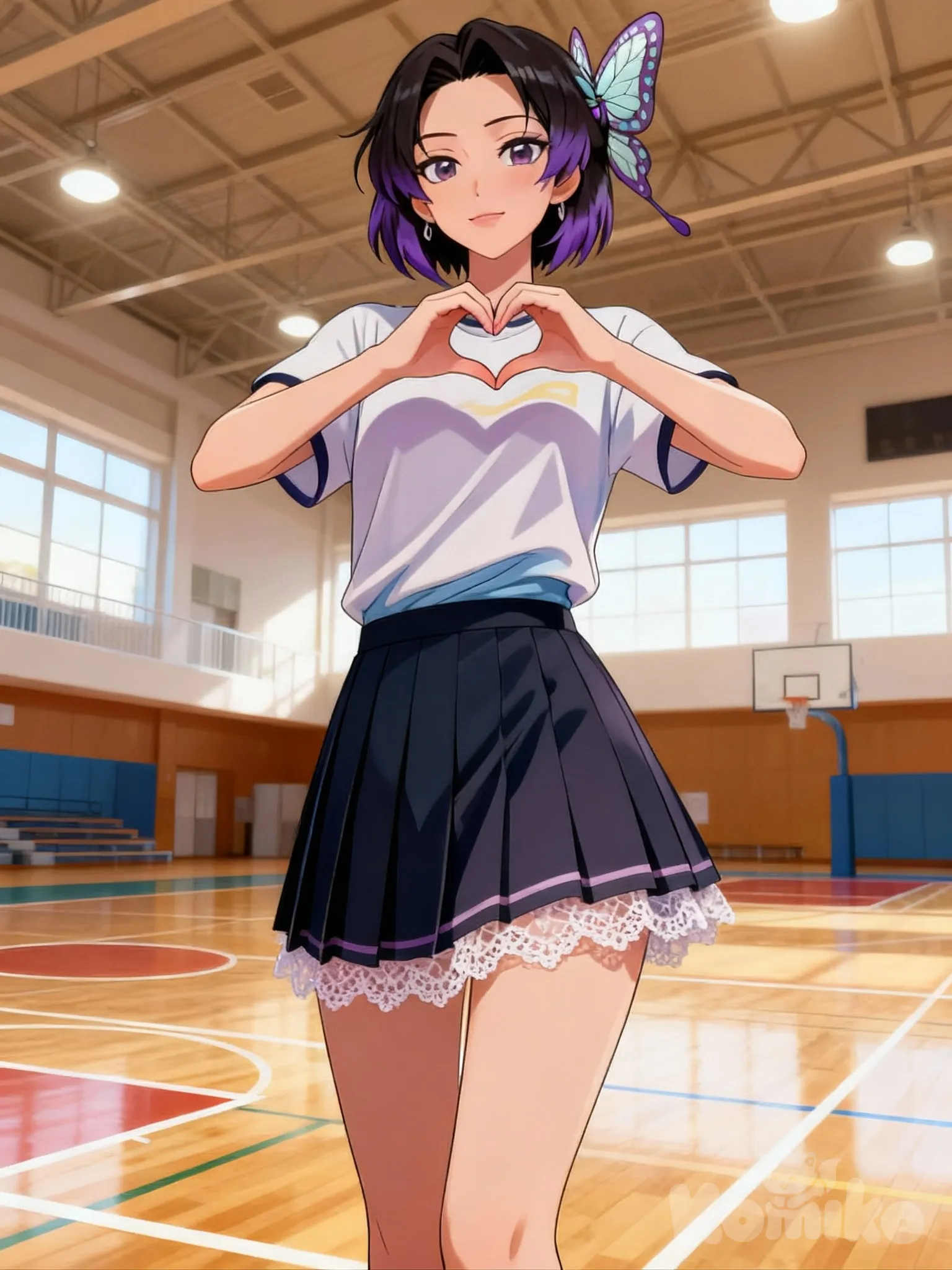 @Rumi, heart hands, t-shirt, school uniform, lace, full body, gym