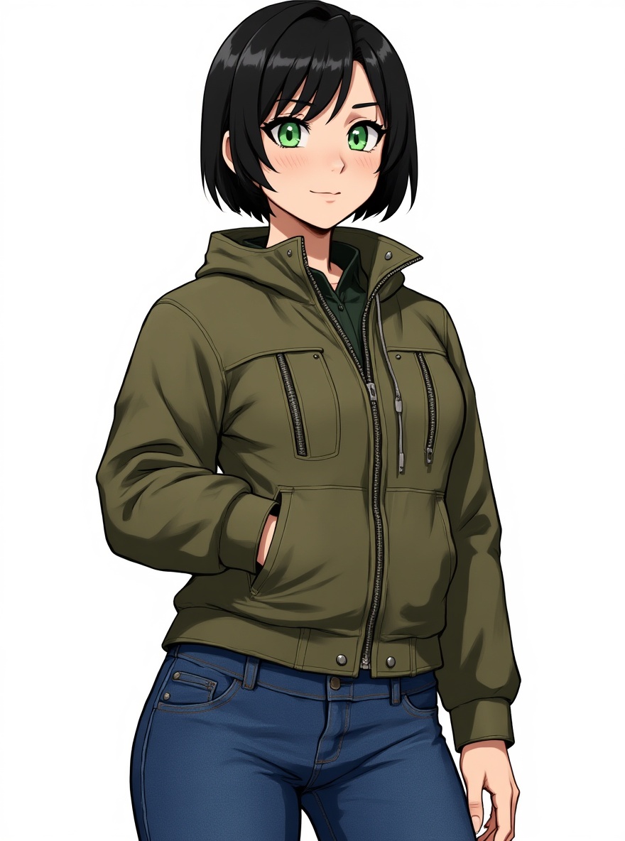 1girl, mature, athletic, black hair, green eyes, olive skin, leather jacket, outdoor adventure jacket, jeans, single character, full body, looking at viewer, anime style, simple background, white background