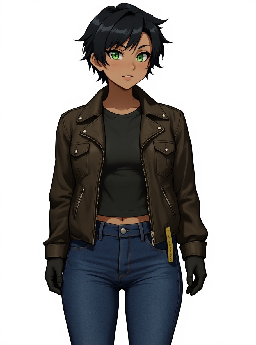 1girl, mature, athletic, black hair, green eyes, olive skin, leather jacket, outdoor adventure jacket, jeans, single character, full body, looking at viewer, anime style, simple background, white background