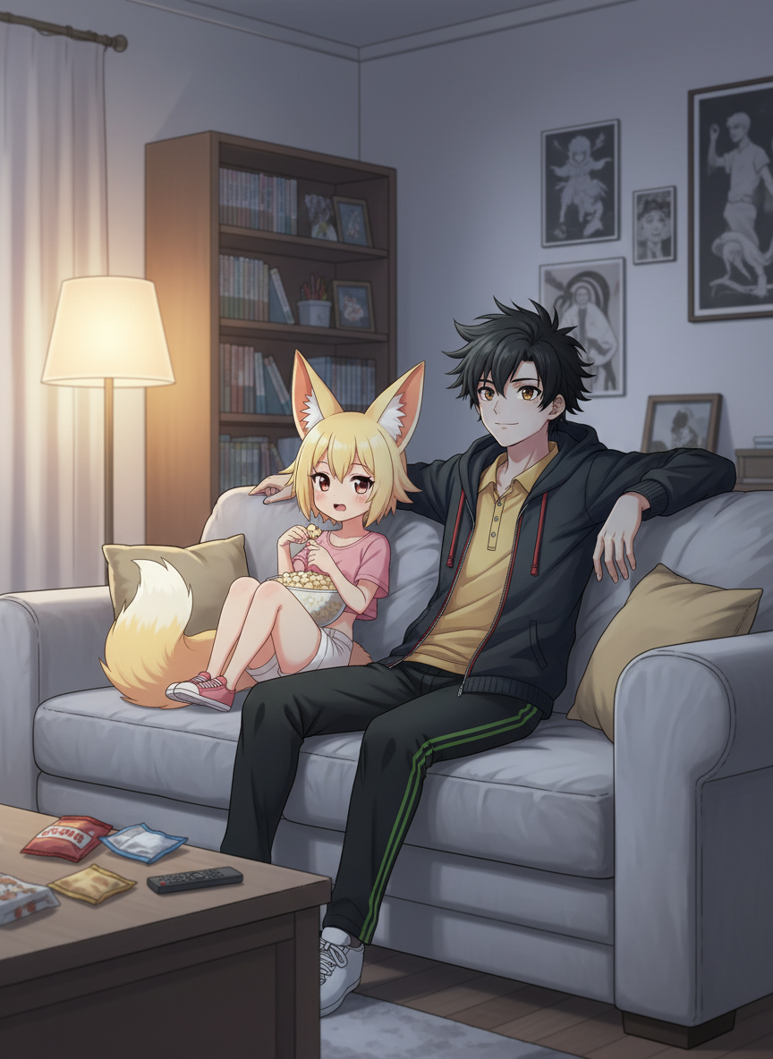 <kiiti-ije4>, <hinotoma-hU2F> these two sitting on a couch watching a movie.