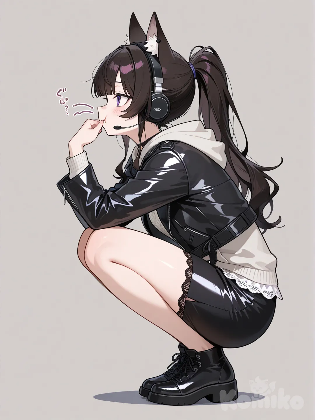 [glossy-anime-style], hoodie, full body, pleated skirt, lace, straight bangs, face pinching, high ponytail, pencil skirt, leather jacket, ruffles, headphones, wolf ears, side profile photo