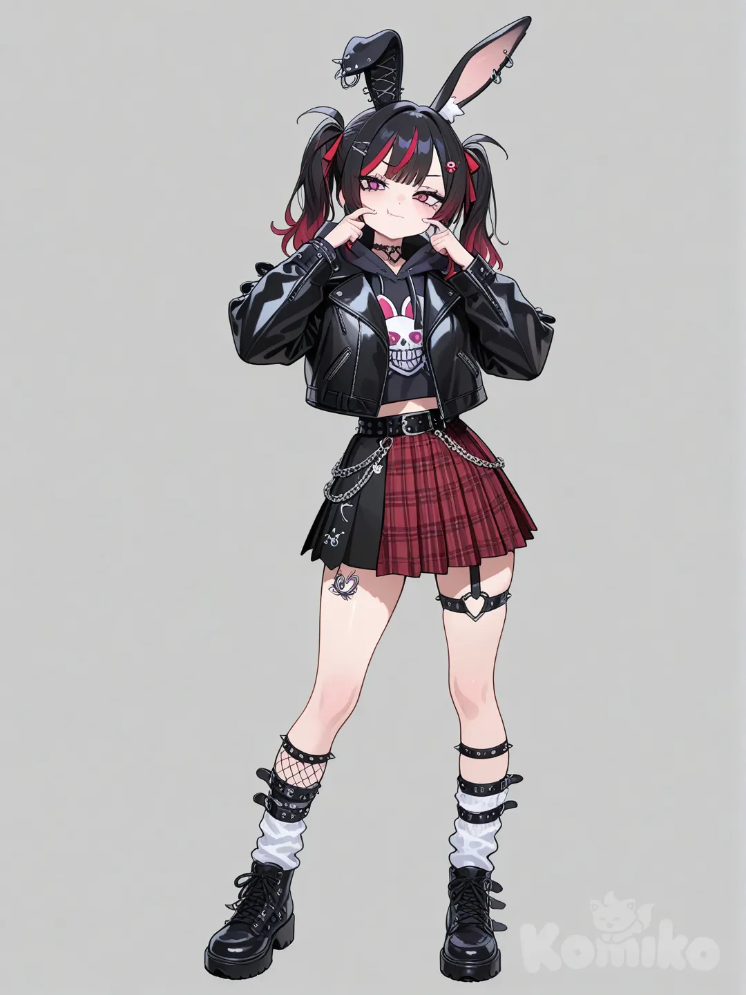 face pinching, hoodie, punk leather jacket, full body, pleated skirt, rabbit ears, twin tails