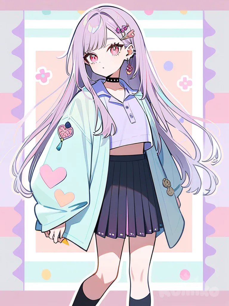 1girl, original character, Demon Slayer style, pastel colors, teenager, slim, tall, long straight hair, tóc hồng pha tím, red eyes, fair skin, polo shirt, crop-top shirt, oversize haori, ngắn pleated skirt, raincoat, studs, tassels, hairpin, hair accessory, choker, knee-high socks, earrings, jewelry, single character, full body, looking at viewer, anime style, simple background, white background