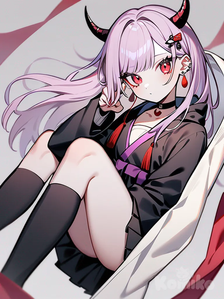1girl, Demon Slayer, original character, vampire, teenager, slim, tall, pink and purple hair, straight hair, long hair, red eyes, fair skin, black hanfu, pleated skirt ngắn, raincoat, studs, tassels, hairpin, hair accessory, knee-high socks, earrings, jewelry, choker, single character, full body, looking at viewer, anime style, simple background, white background