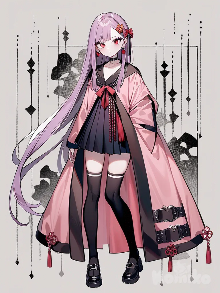 1girl, demon slayer style, vampire, teenager, tall, slim, pink hair, purple hair, long straight hair, red eyes, fair skin, polo shirt, short pleated skirt, oversize hanfu, raincoat, studs, tassels, hairpin, earrings, choker, hair accessory, jewelry, knee-high socks, single character, full body, looking at viewer, anime style, simple background, white background