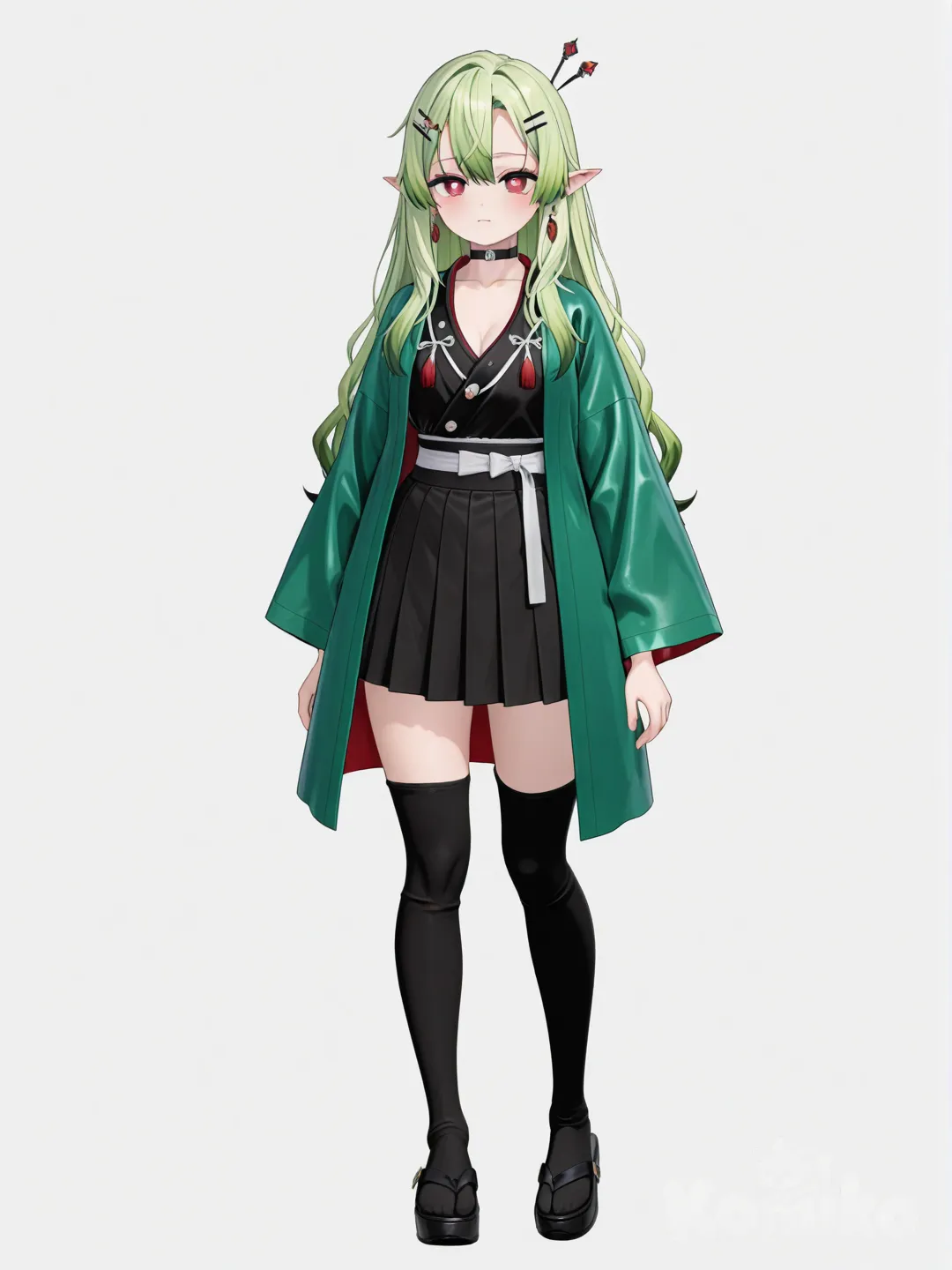 [3d-anime-style] 1girl, original_character, elf, vampire, teen, slim, tall, green_hair, straight_hair, long_hair, red_eyes, fair_skin, kimono, short_pleated_skirt, oversized_haori, raincoat, studs, tassels, hairpin, choker, earrings, jewelry, knee_high_socks, demon_slayer_style, single_character, full_body, looking_at_viewer, anime_style, simple_background, white_background