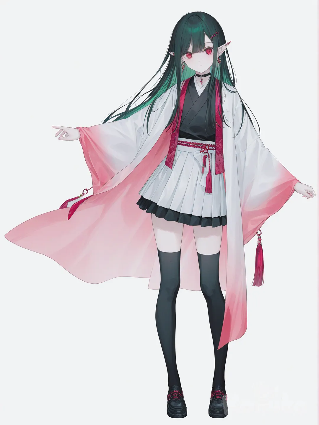 [soft-pastel-style] 1girl, soft pastel style, demon slayer style, elf, vampire, teenager, slim, tall, green hair, straight hair, long hair, red eyes, fair skin, kimono, short pleated skirt, oversized haori, raincoat, studs, tassels, hairpin, hair accessory, choker, earrings, jewelry, knee-high socks, single character, full body, looking at viewer, simple background, white background