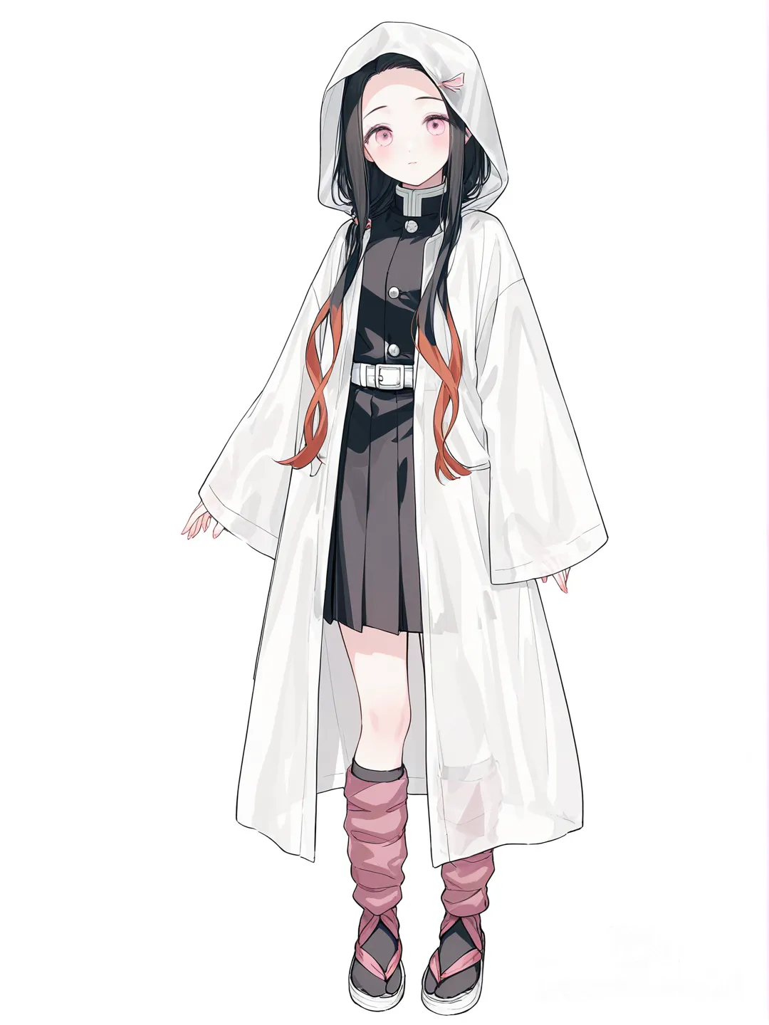 [soft-pastel-style] 1girl, nezuko_kamado, demon_slayer_uniform, short_pleated_skirt, oversized_haori, raincoat, single character, full body, looking at viewer, anime style, simple background, white background