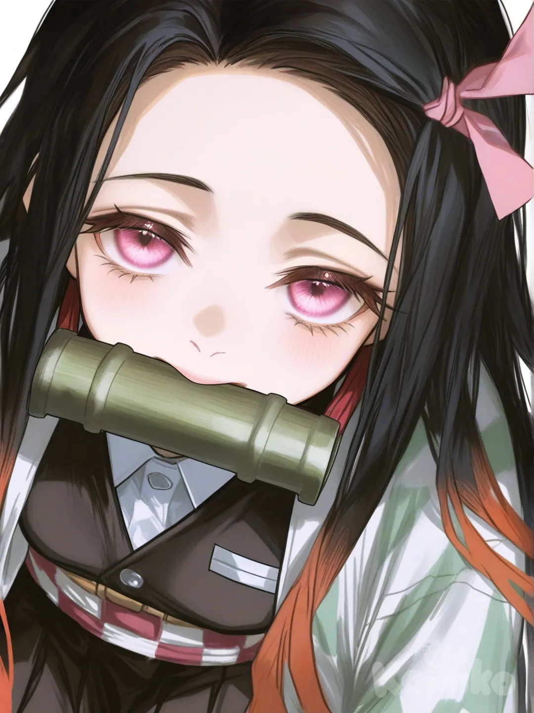 [semi-realistic-portrait-style] 1girl, nezuko_kamado, demon_slayer_uniform, short_pleated_skirt, oversized_haori, single_character, full_body, looking_at_viewer, anime_style, simple_background, white_background