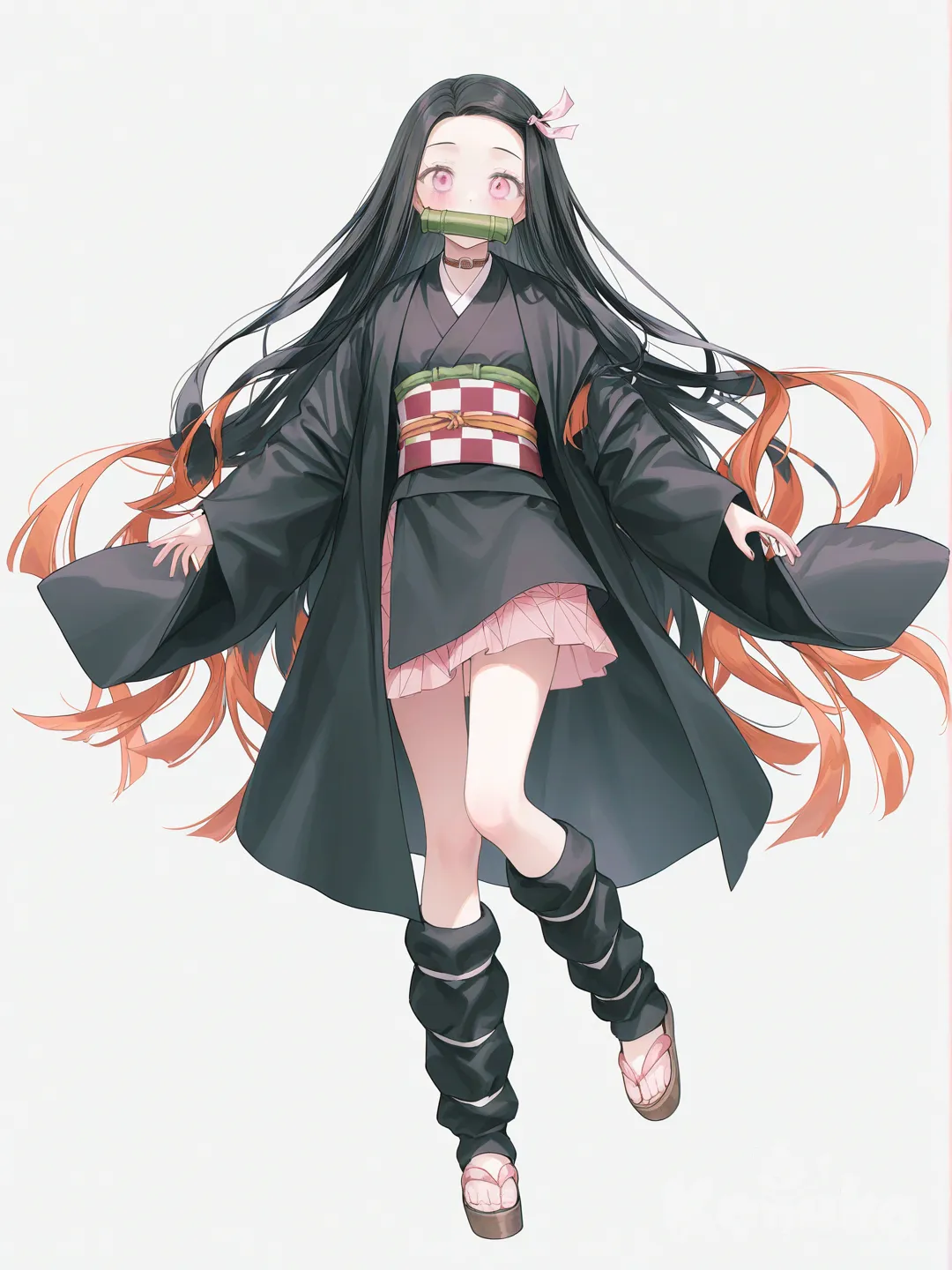 [soft-pastel-style] 1girl, kamado nezuko, black kimono, short pleated skirt, oversized haori, raincoat, studs, tassels, choker, single character, full body, looking at viewer, anime style, simple background, white background