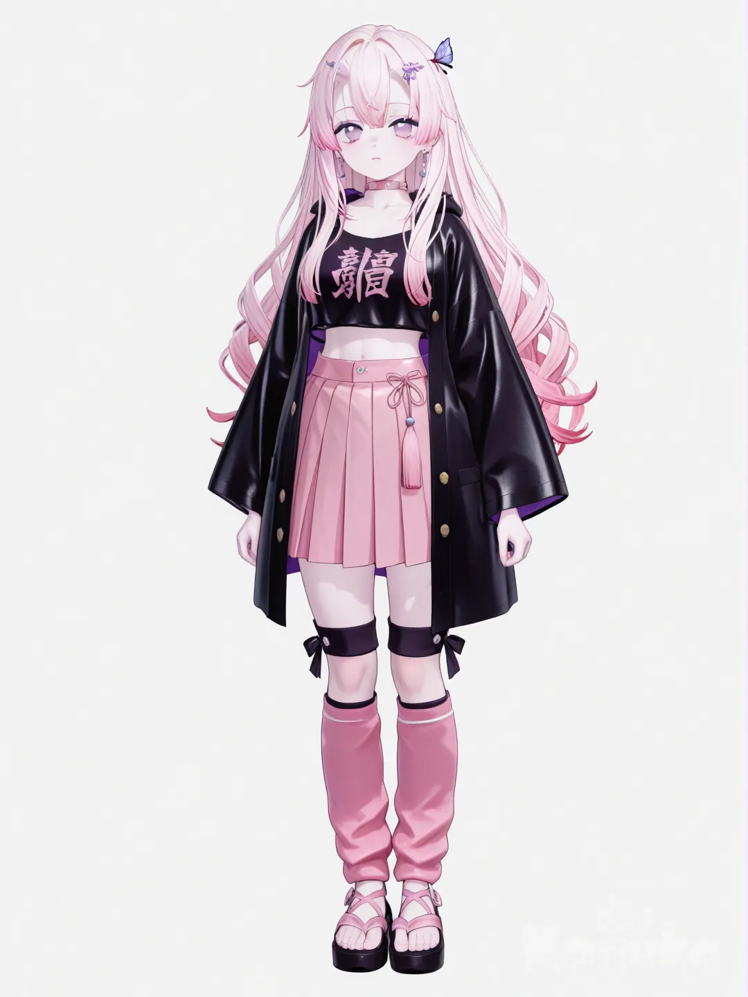 [3d-anime-style] 1girl, demon_slayer_style, teen, slim, tall_girl, long_hair, straight_hair, silver-pink_hair, purple_eyes, pale_skin, crop_top, black_haori, oversized_haori, short_pleated_skirt, raincoat, studs, tassels, hairpin, choker, earrings, knee_socks, sandals, single character, full body, looking at viewer, simple background, white background