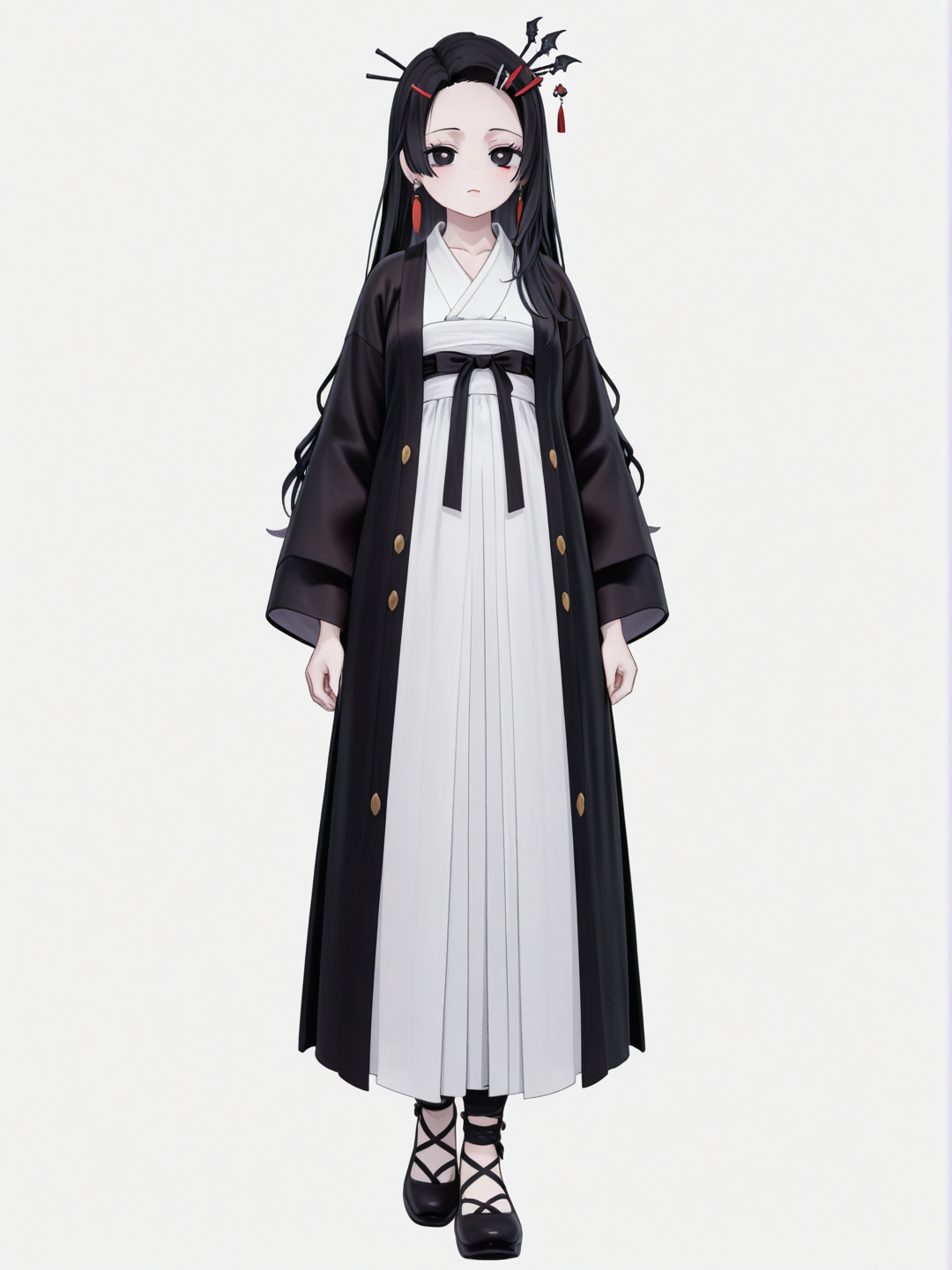 [3d-anime-style] 1girl, demon slayer style, vampire, teenager, slim, tall, black hair, long hair, straight hair, black eyes, fair skin, hanfu, studs, tassels, earrings, hairpin, hair accessory, jewelry, single character, full body, looking at viewer, simple background, white background