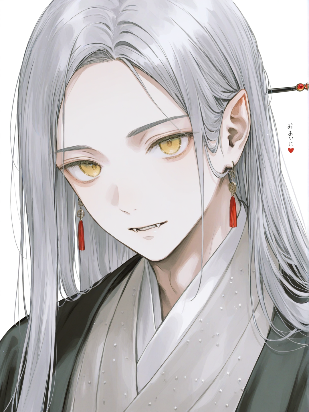 [soft-pastel-style] 1boy, demon slayer style, vampire, teenager, slim, tall, silver hair, long hair, straight hair, yellow eyes, fair skin, hanfu, studs, tassels, hairpin, hair accessory, jewelry, single character, full body, looking at viewer, simple background, white background
