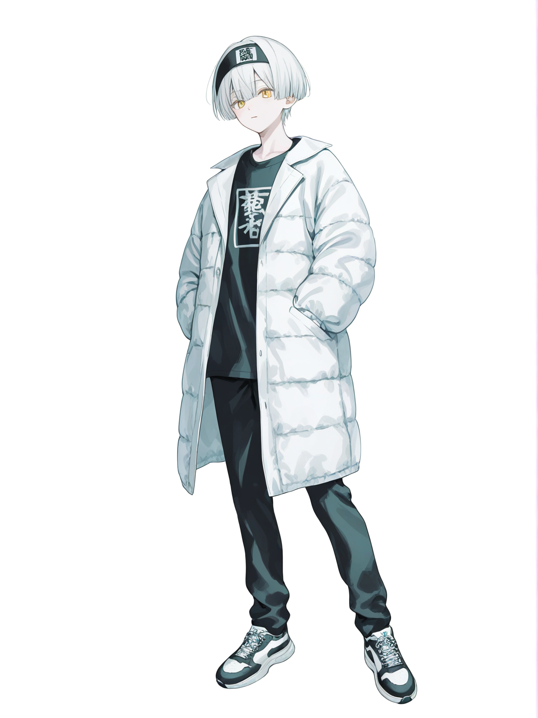 [soft-pastel-style] 1boy, demon slayer style, original character, teenager, slim, tall, white hair, mushroom cut, yellow eyes, fair skin, t-shirt, lab coat, casual pants, down jacket, headband, single character, full body, looking at viewer, simple background, white background