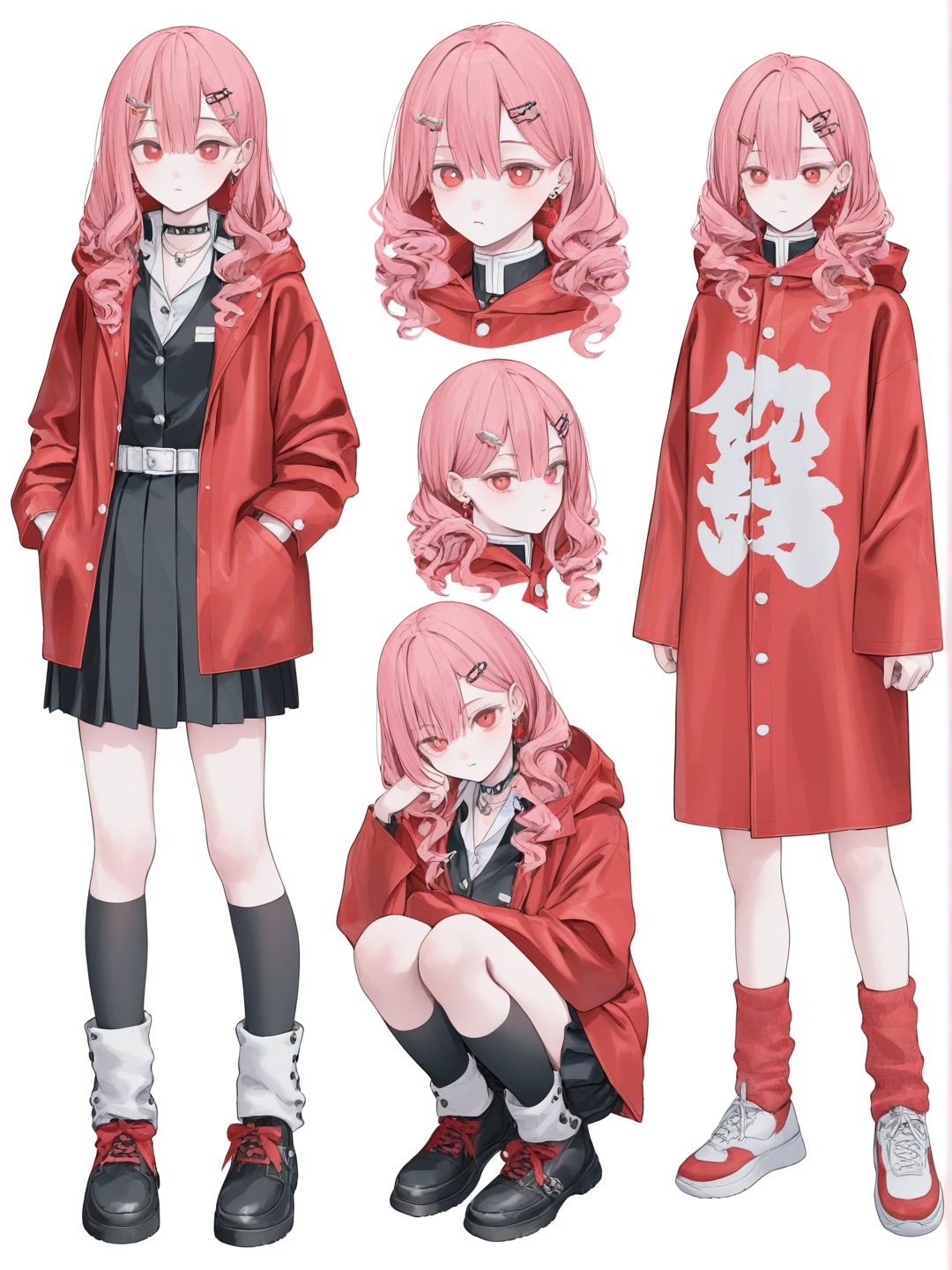 [soft-pastel-style] 1girl, teenager, slim, tall, pink hair, long hair, curly hair, red eyes, fair skin, demon slayer style, standard demon slayer uniform, red short pleated skirt, red raincoat, studs, tassels, hairpin, hair accessory, choker, necklace, earrings, knee-high socks, single character, full body, looking at viewer, simple background, white background