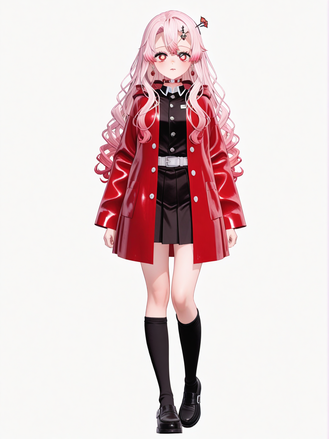 [3d-anime-style] 1girl, teenager, slim, tall, pink_hair, long_hair, curly_hair, red_eyes, fair_skin, demon_slayer_style, vampire, demon_slayer_uniform, red_pleated_skirt, short_skirt, red_raincoat, studs, tassels, hairpin, hair_accessory, choker, earrings, knee_socks, single_character, full_body, looking_at_viewer, simple_background, white_background