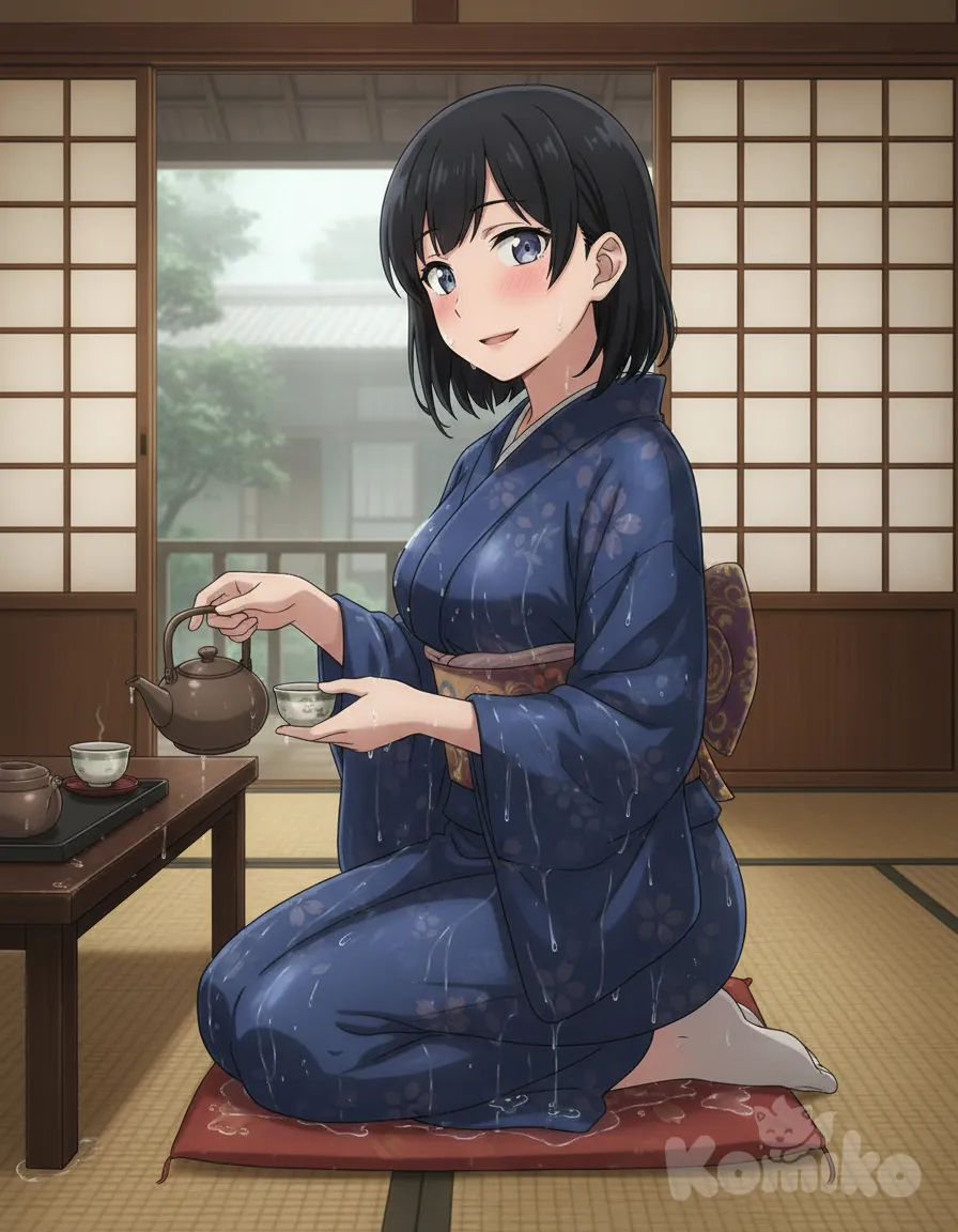 Nagi Arato (Ruri Rocks), kneeling, blue kimono, serving tea, traditional Japanese tea house, tatami, wet clothes, seductive smile, blush, short hair