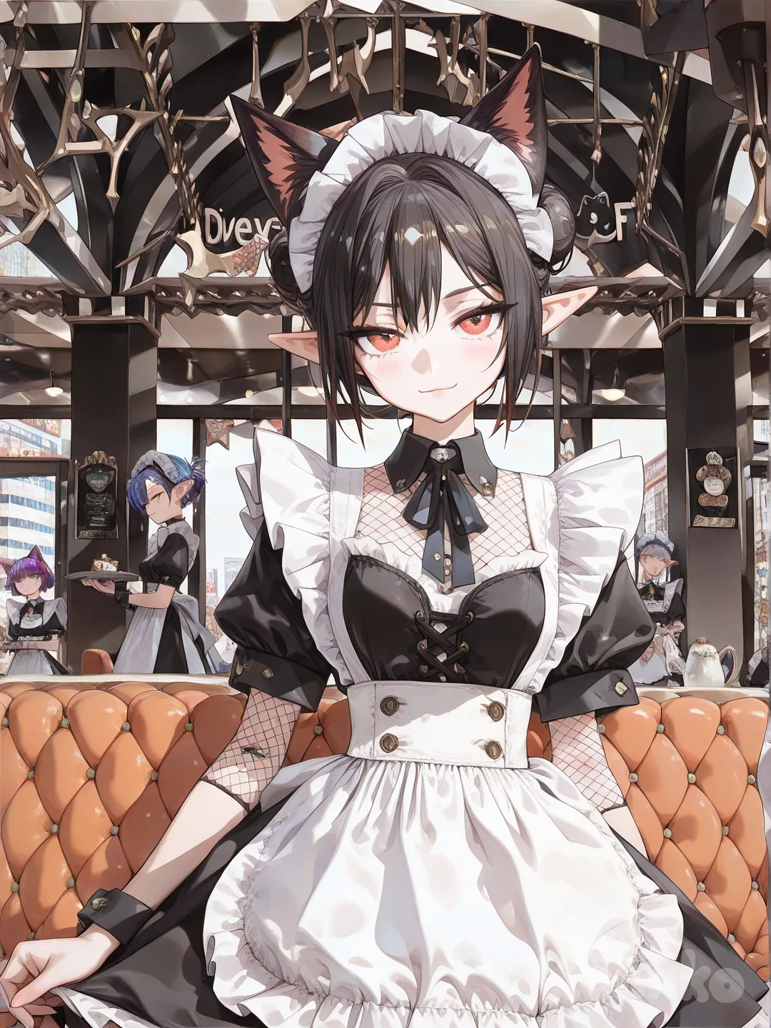 high rise building, maid cafe, dimly lit, warm ambiance, dark wood, inviting atmosphere, cafe staff, women, mid 20s, late 20s, 30s, classic maid outfits, elf ears, cat ears, fox ears, gothic fishnets, diverse hair lengths, messy bun, pixie short hair, seductive smiles, corner seat, close up, three maids serving, [high-gloss-illustration-style]