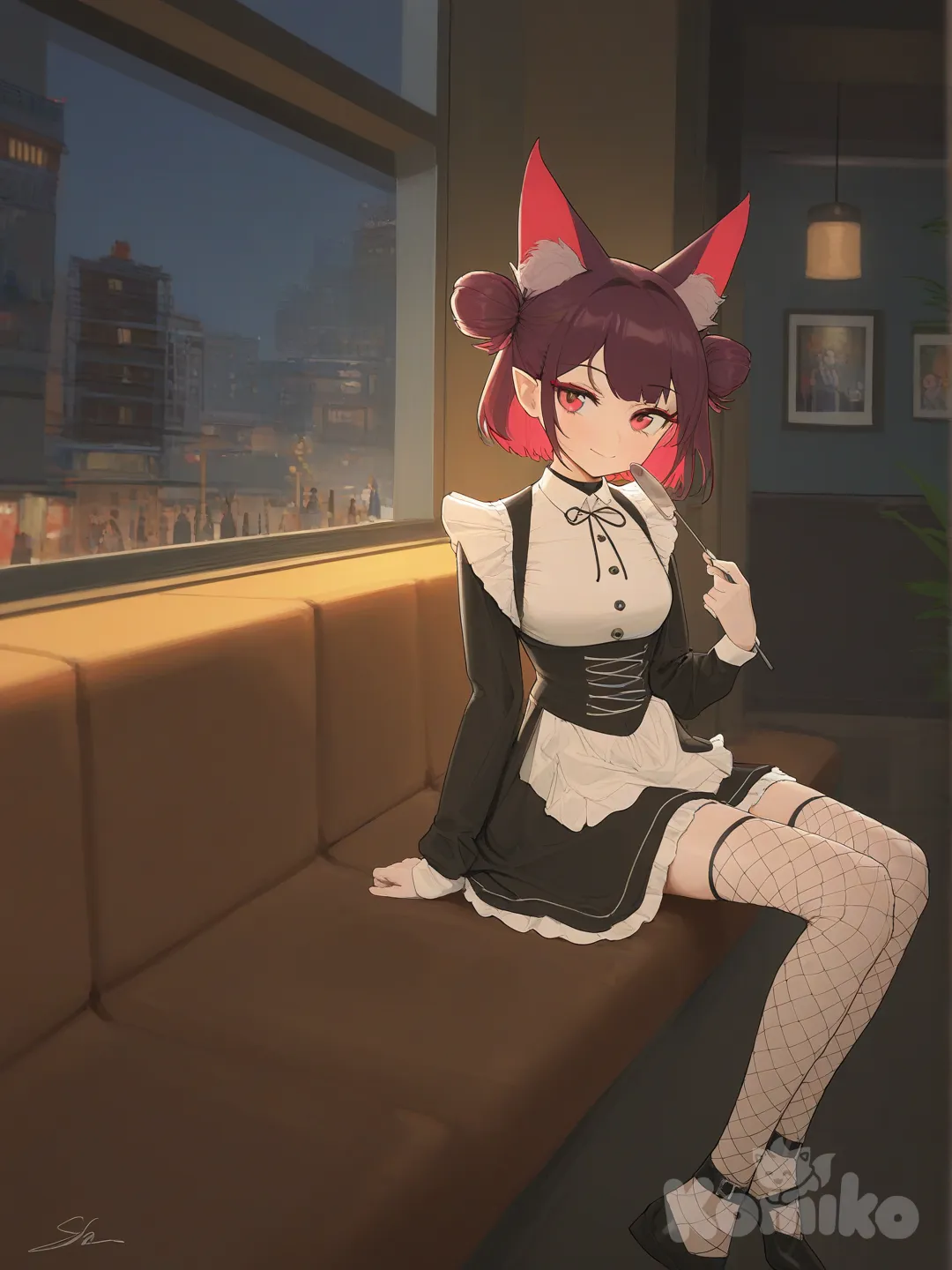 high rise building, maid cafe, dimly lit, warm ambiance, dark wood, inviting atmosphere, cafe staff, women, mid 20s, late 20s, 30s, classic maid outfits, elf ears, cat ears, fox ears, gothic fishnets, diverse hair lengths, messy bun, pixie short hair, seductive smiles, corner seat, close up, three maids serving, [vibrant-anime-style]