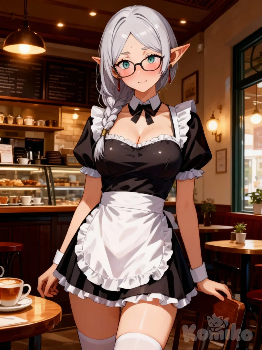 high gloss illustration, adult, maid outfit, maid braid, side braid, glasses, background, full body, ambient lighting, cafe, intricate details, character design, expressive eyes, Frieren blush