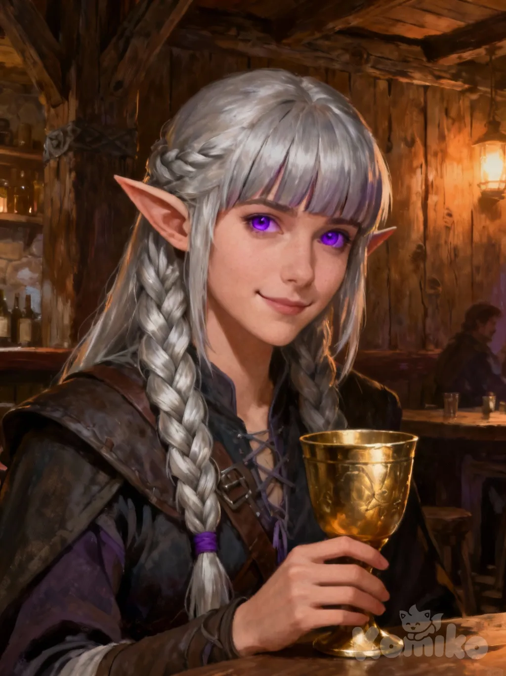 ultra photorealistic rendering, volumetric lighting, smooth digital painting, cinematic lighting, ArtStation trending, DeviantArt style, award-winning illustration of **Frieren (from Frieren: Beyond Journey's End)**. She has **long silver braided hair**, **distinctive bangs**, **purple eyes**, and **pointy elf ears**. Frieren is **looking at the viewer with a calm, subtle smile**, and **holding a golden chalice** in her hand. **Fantasy tavern interior background** with rustic wooden walls and warm indoor lighting. Peaceful, thoughtful mood.