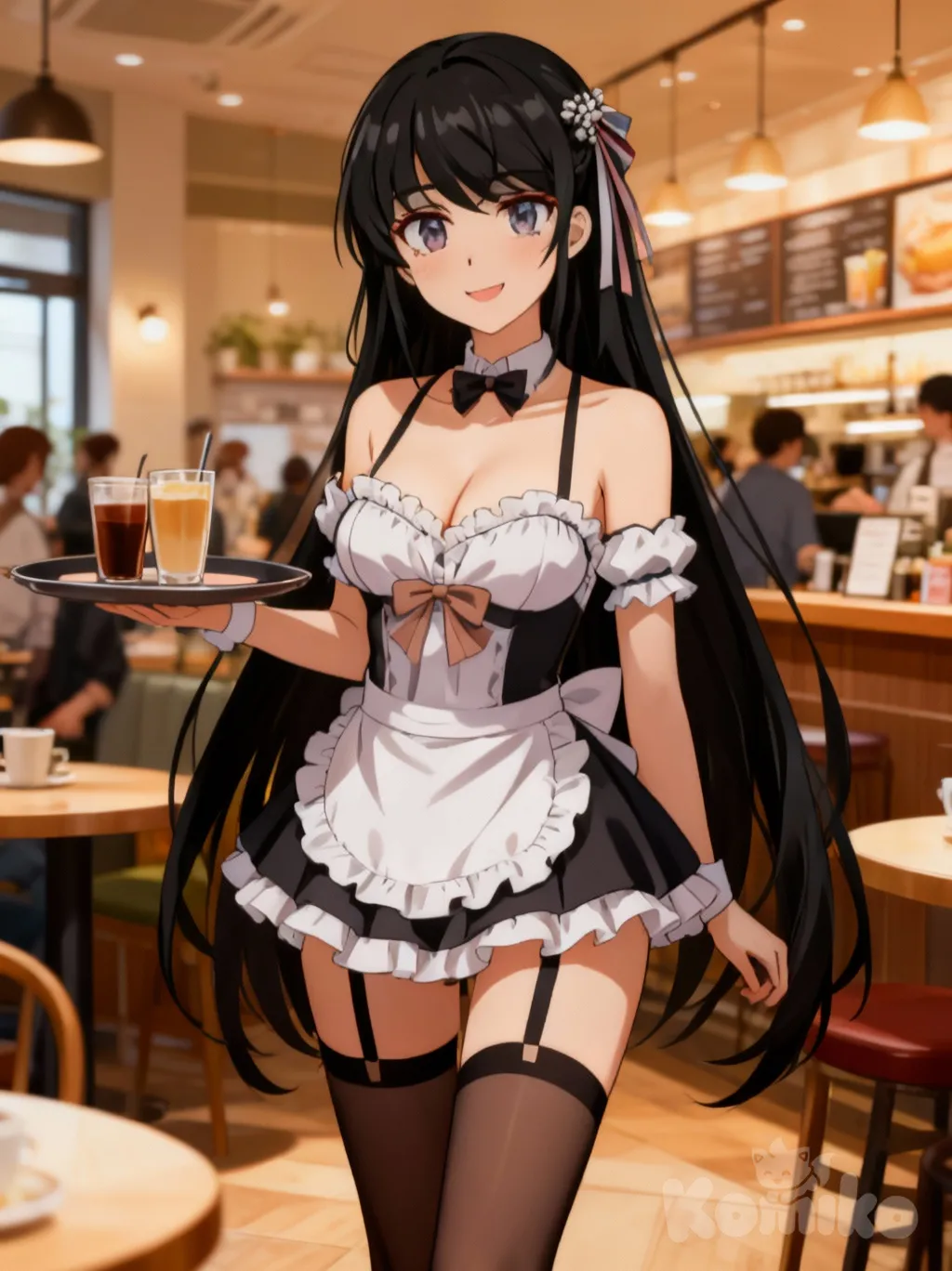 Mai Sakurajima, maid, maid cafe, serving, smiling, customer focus, looking at viewer, indoors, holding tray, drinks, cafe background, aprons, frills, ribbon, bow, dress, full body, medium shot, revealing maid outfit, skimpy maid outfit, short dress, cleavage, bare shoulders, thigh-highs, garter straps, bunny girl senpai, mai sakurajima (bunny girl senpai), long hair, black hair, ribbon, hair ornament, confident smile, gentle smile, older woman, mature woman, adult, mature (look), sophisticated, elegant