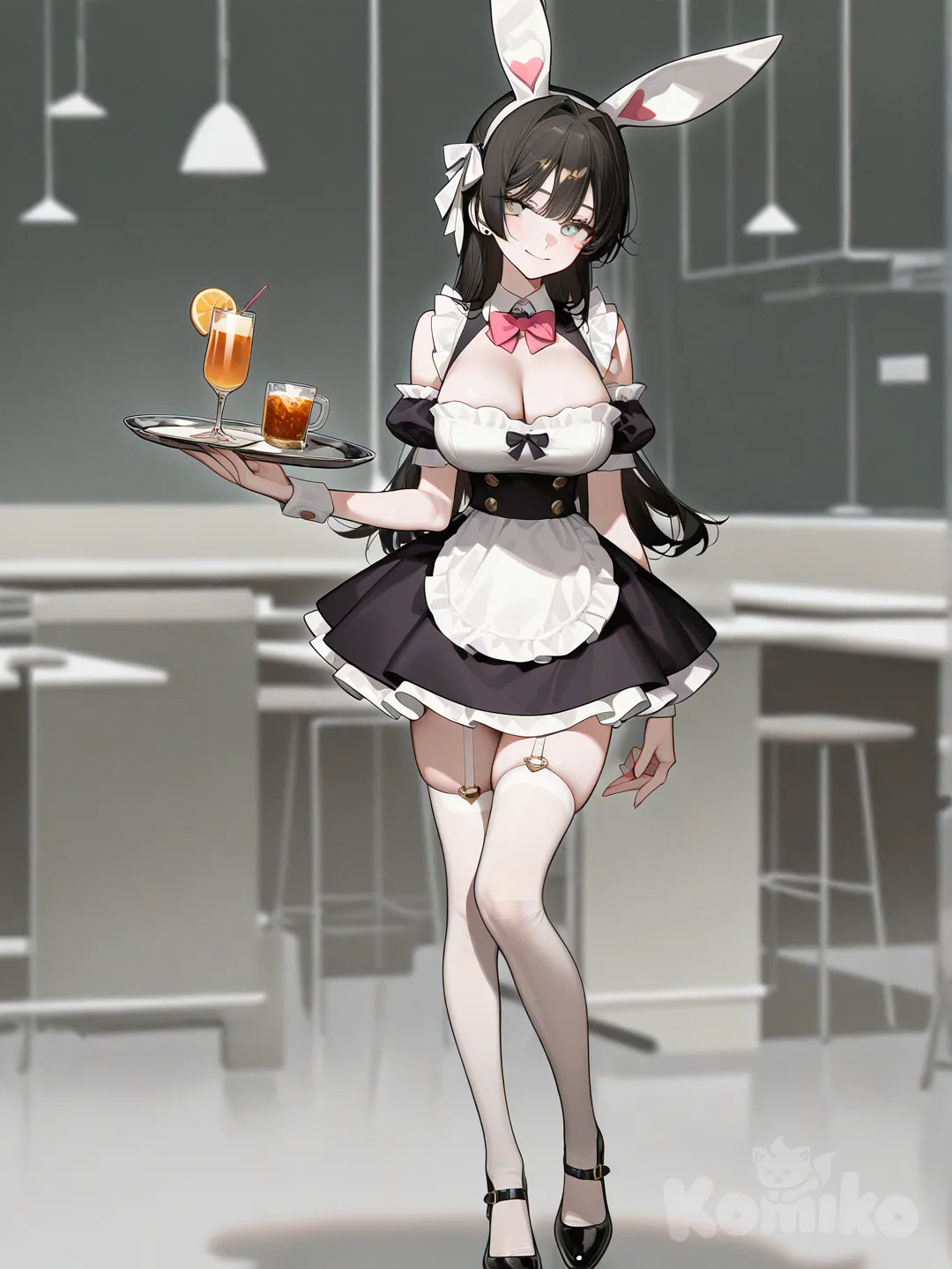 Mai Sakurajima, maid, maid cafe, serving, smiling, customer focus, looking at viewer, indoors, holding tray, drinks, cafe background, aprons, frills, ribbon, bow, dress, full body, medium shot, revealing maid outfit, skimpy maid outfit, short dress, cleavage, bare shoulders, thigh-highs, garter straps, bunny girl senpai, mai sakurajima (bunny girl senpai), long hair, black hair, ribbon, hair ornament, confident smile, gentle smile, older woman, mature woman, adult, mature (look), sophisticated, elegant, [high-contrast-glossy-style]