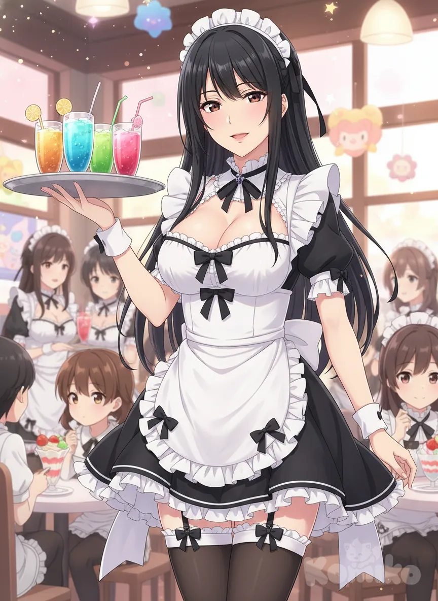 Mai Sakurajima, maid, maid cafe, serving, smiling, customer focus, looking at viewer, indoors, holding tray, drinks, cafe background, aprons, frills, ribbon, bow, dress, full body, medium shot, revealing maid outfit, skimpy maid outfit, short dress, cleavage, bare shoulders, thigh-highs, garter straps, bunny girl senpai, mai sakurajima (bunny girl senpai), long hair, black hair, ribbon, hair ornament, confident smile, gentle smile, older woman, mature woman, adult, mature (look), sophisticated, elegant, anime style