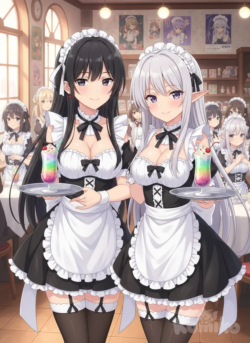 2girls, [high-contrast-glossy-style], Mai Sakurajima, Frieren, maid, maid cafe, serving, smiling, customer focus, looking at viewer, indoors, holding tray, drinks, cafe background, aprons, frills, ribbon, bow, dress, full body, medium shot, **revealing maid outfit, skimpy maid outfit, short dress, cleavage, bare shoulders, thigh-highs, garter straps,** bunny girl senpai, mai sakurajima (bunny girl senpai), long hair, black hair, ribbon, hair ornament, confident smile, gentle smile, mature (look), frieren, frieren (sousou no frieren), white hair, long hair, elf ears, pointy ears, innocent smile, shy smile, small breasts, anime style